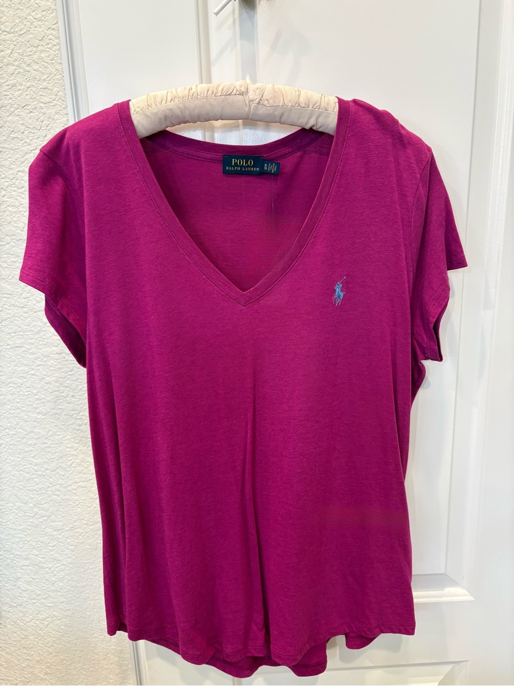 Ralph Lauren V-Neck Tee in Fuchsia with Blue Polo Logo
